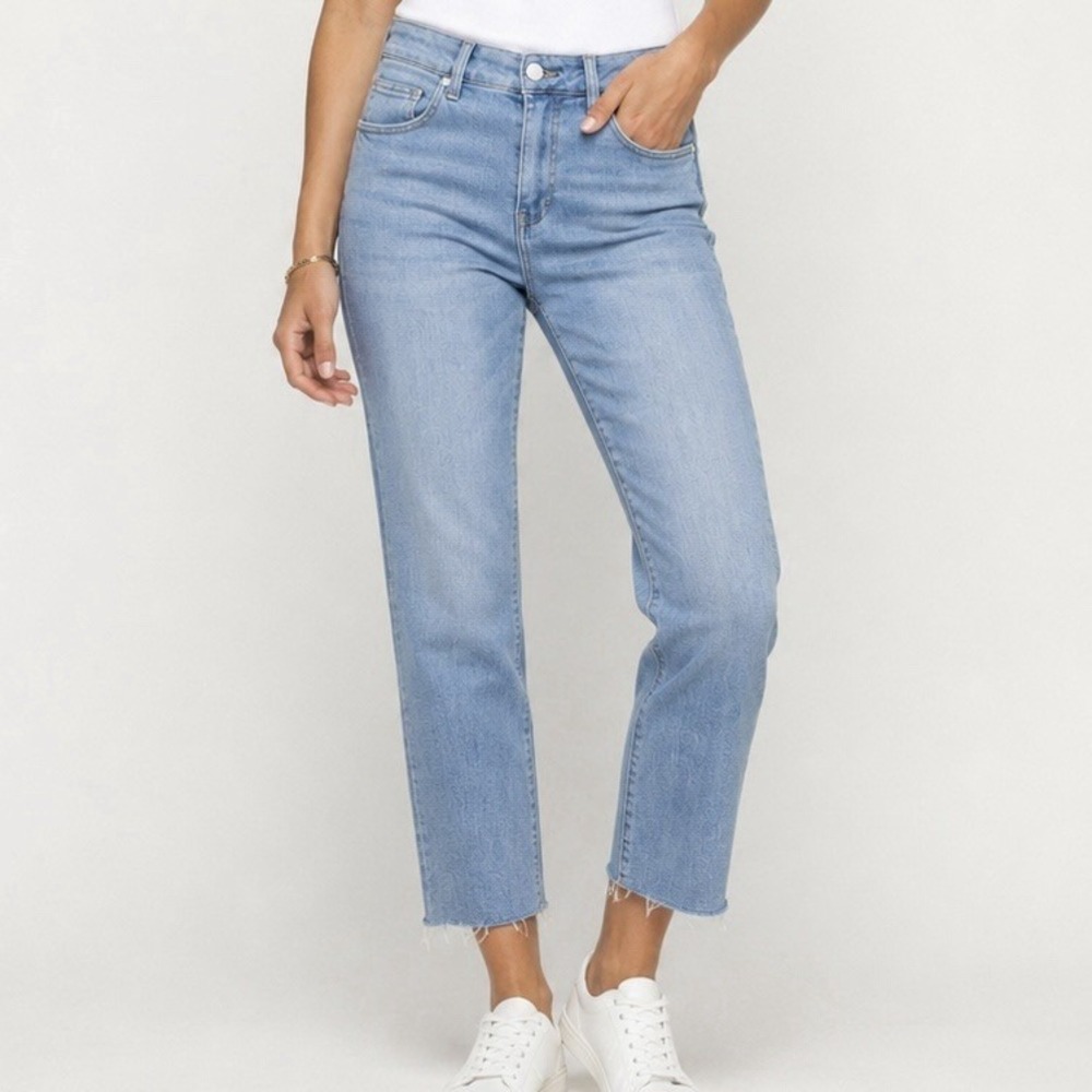 Karen‎ Kane Jeans Womens 8 Light Wash Raw Hem Straight Leg Cropped Denim